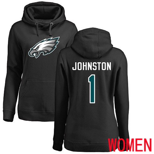 Women Philadelphia Eagles 1 Cameron Johnston Black Name and Number Logo NFL Pullover Hoodie Sweatshirts